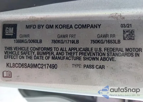 2021 Chevrolet Spark Fwd 1Lt Automatic из США, поврежденный, VIN KL8CD6SA9MC217490